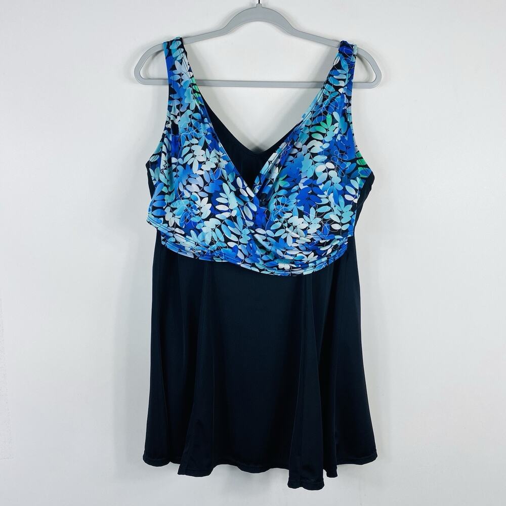 Fit 4 U Swim Dress 20 Floral Wrap One Piece Swimsuit Blue Black